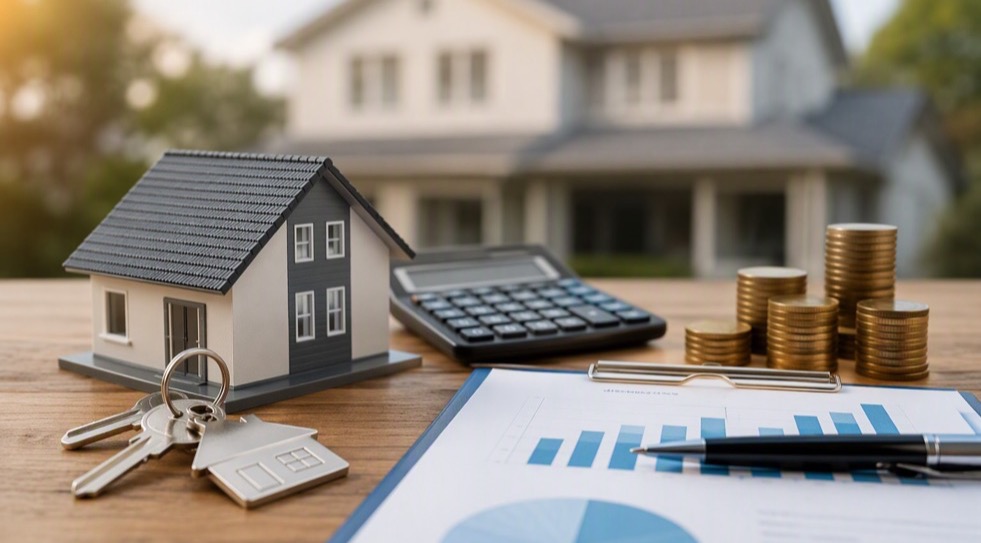 Model house, keys, calculator and financial charts on a desk