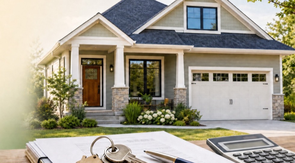 Suburban home with house keys, documents and a calculator on a desk
