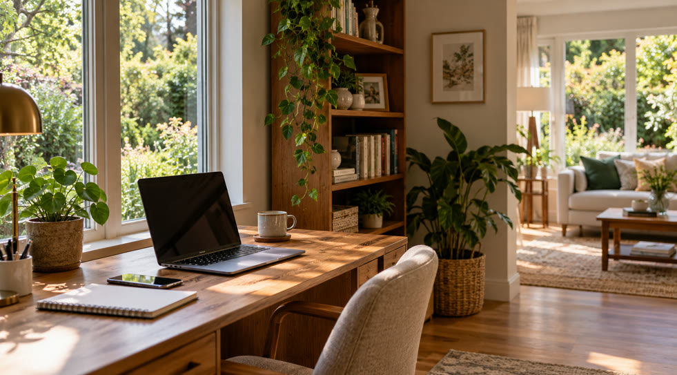 Home office desk with laptop, phone and notebook in a bright suburban home