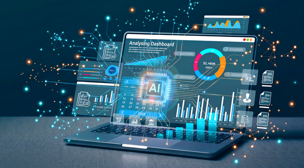 Laptop displaying an AI analytics dashboard with connected data points