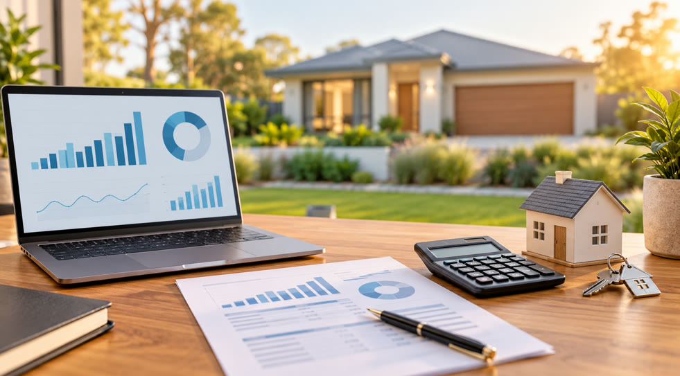 Laptop with financial charts, calculator, model house and keys on a desk in front of a suburban home
