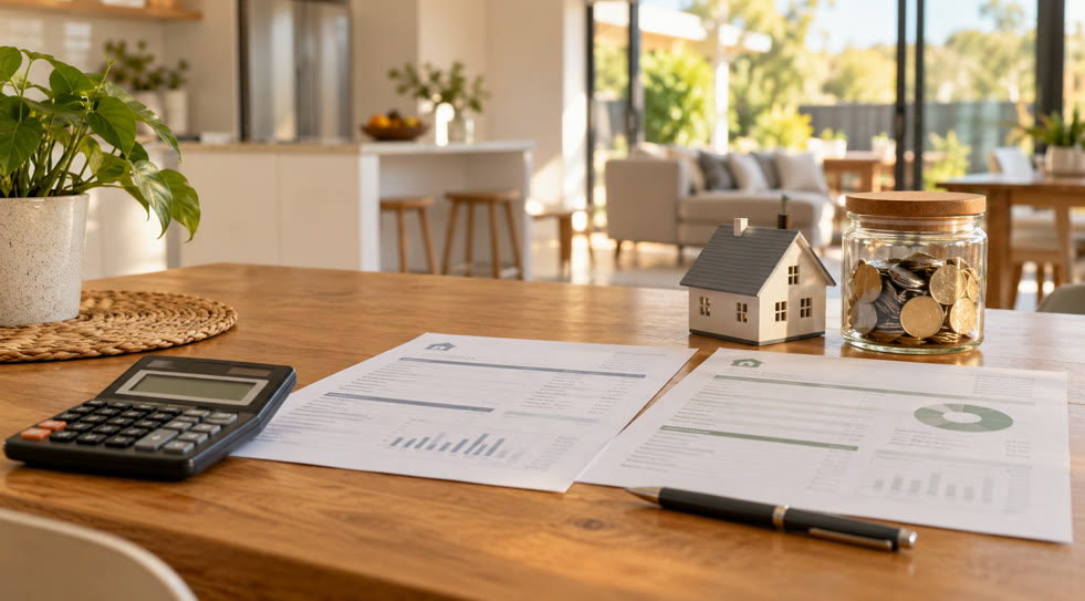 Calculator, mortgage and super statements, model house and jar of coins on a kitchen table